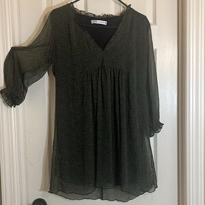 Zara olive sheer babydoll dress. Black polka dots fully lined. Cute details. M